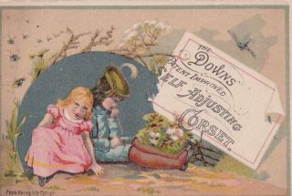 Victorian Trade Card Downs Self - Adjusting Corset Boy & Girl Sleeping 4.  5 X 3.  25