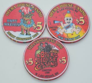 Set of 3 Opera House $5 Casino Chips N.  Las Vegas Nevada Chipco.  1996 2