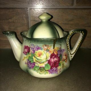 Ceramic Pink & Gold Floral Tea Pot Gold Trim Hand Painted Stamped On Bottom