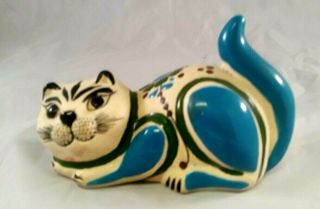 Vintage Ceramic Blue & White Cat With Flower Statue Figurine Hand Painted Mexico