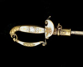 Antique Victorian 14k Gold GHI Diamond Enamel Revolutionary war Sword Stick Pin 2