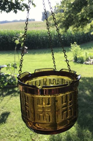 Vintage Amber Glass Hanging Candle Holder ? Copper Band Gold Chain Pontil Mark