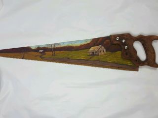 Vintage Painted Saw Blade Mountain Country Farm Scene Hand Saw Painting Folk Art