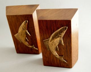 Vintage Mid Century Fish Bookends Brass On Solid Wood Trout 7 "