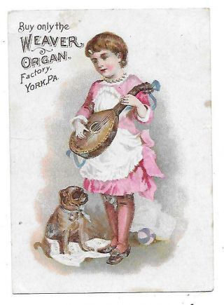 Victorian Trade Card,  Weaver Organ Factory,  York,  Pa,  - Girl & Mandolin,  Pug Dog
