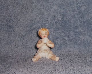 Antique Vintage German Porcelain Dresden? Doll House Dollhouse Baby Holding Cup