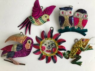 5 Vintage Mexican Folk Art Punched Tin Christmas Ornaments Owl Bird Frog Tucan