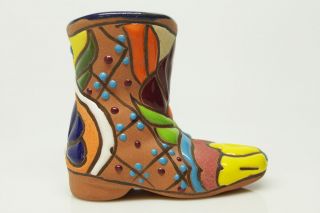 Mexican Ceramic Talavera Boot Folk Art Pottery Hand Painted Eye Popping Colors