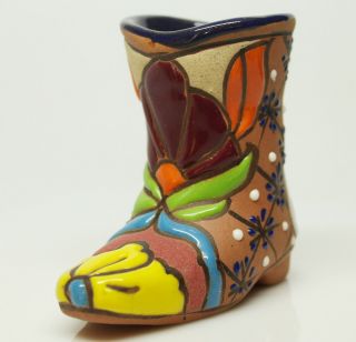 Mexican Ceramic Talavera Boot Folk Art Pottery Hand Painted Eye Popping Colors 2