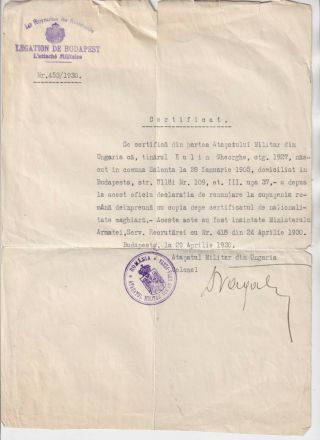 1930,  Romania,  Signed Document From The Romanian Military Attache In Budapest
