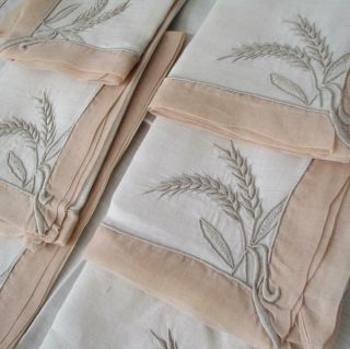 Set 7 Vintage Marghab Hand Embroidered Linen,  Organdy Napkins Wheat Madeira