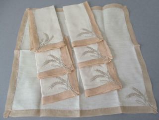 Set 7 Vintage MARGHAB Hand Embroidered LINEN,  Organdy Napkins WHEAT Madeira 2