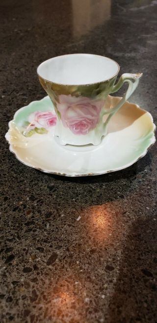 Rs Germany China Mini Teacup & Saucer: White And Green With Pink Roses,  Gold.