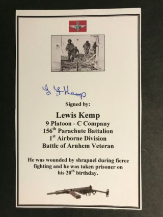 Card Signed Lewis Kemp C Company 156th Para,  4th Para Brigade Battle Of Arnhem
