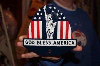 Vintage 1949 God Bless America Gas Oil Metal License Plate Topper Sign
