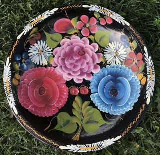 Vintage Pretty Handpainted Folk Art Mexican Wooden Batea Bowl Flowers 13 " Round