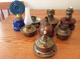8 Vintage Oil Lamps Brass,  Glass,  Copper,  Nickel Plate