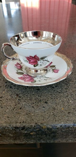 Rosina English Bone China Teacup & Saucer: White With Pink Roses And Gold Trim.