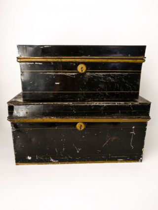 Antique Victorian Black And Gold Toleware Metal Document Boxes - Set Of 2