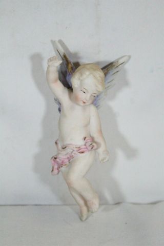 Antique German Dresden Porcelain Winged Cherub Boy Hanging Ornament Figurine