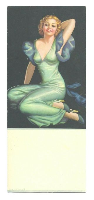 Vintage 30s 40s 4 X 9 Blotter Pin Up Girl In Green Dress Unsigned