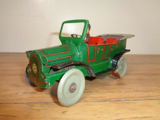 Orobr Vintage 131 German Tin & Litho Wind - Up Green Convertible W/ Red Interior