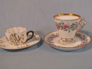 2 Fine Antique French Porcelain Demitasse Cups & Saucers