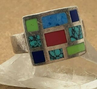 Cw Vintage Sterling Silver Green Blue Red Inlay Ring Size 8.  5