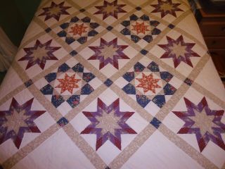 Vintage Hand Made Lone Star Cotton Patchwork Quilt 84 " X 86 " Triangle Edge