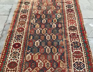 Antique Caucasian Runner.  Pre 1900 Carpet,  Wool 9 X 4 Kazak,  “boteh” Pattern