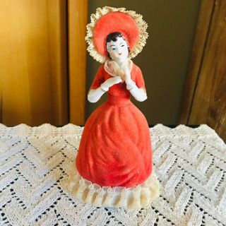 Vtg Porcelain Lace Lady Figurine Red Christmas Euc Flock Dress Victorian Look