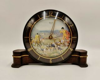 Smiths 1960s Art Deco Style Wooden Mantle Clock - Huntsman - Hunting Scenes -