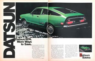 1974 Datsun B - 210 Hatchback Photo " More Ways To Save " 2 - Page Vintage Print Ad