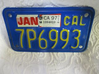 Vintage California Motorcycle License Plate 1997 Tag Blue Yellow 7p6993 Plate
