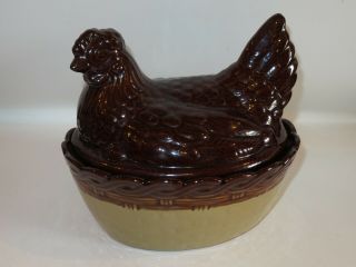 Vintage Ceramic Brown And Tan Nesting Chicken Hen - Euc