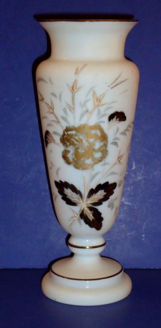 Antique Hand Painted Blown Bristol Glass Vase Gold Leaves Pontil / Punt Scar