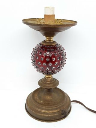 Vintage Red Flashed Pointed Hobnail Glass And Metal Boudoir Lamp Base