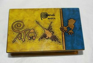 Peruvian Hand Painted Box Blue And Yellow Nazca Lines Designs