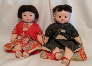 Two Wonderful Vintage Japanese Ichimatsu Gofun Girl & Boy Dolls Collectible