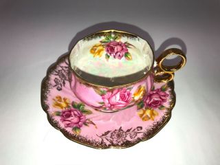 Vintage Royal Halsey Very Fine Tea Cup And Saucer Three Footed,  Pink With Gold