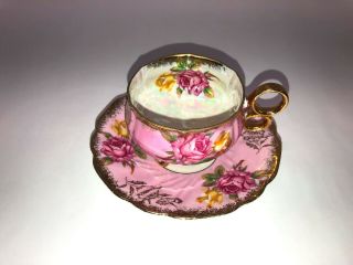 Vintage Royal Halsey Very Fine Tea Cup And Saucer Three Footed,  Pink With Gold 3