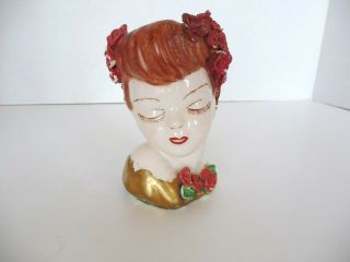 Vintage Ceramic Lady Head Vase Red Curled Hair Roses Gold Dress