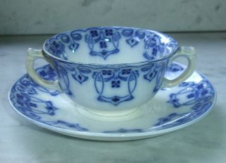 Rare Antique Buffalo Pottery Lucern Cream Soup Bowl Double Handled Cup & Saucer