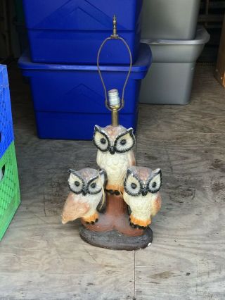 Vintage Ceramic Chalk 3 Owl Trio Lamp