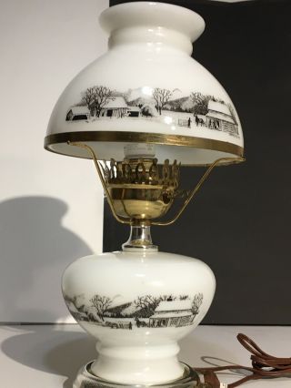 Currier And Ives White Milk Glass Hurricane Lamp