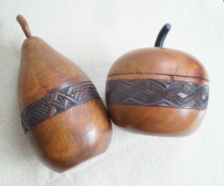 2 Antique Vintage African Hand Carved Wood Lidded Boxes Fruit Apple & Pear