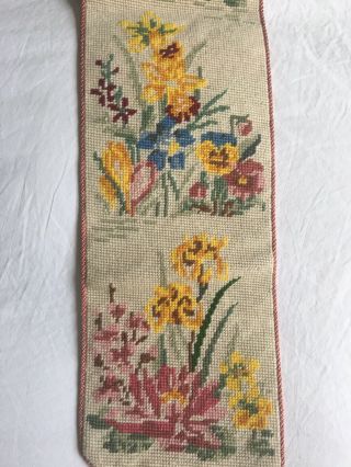 Old Pretty Vintage Needlepoint Floral Tapestry Bell Pull Wall Hanging Fringe