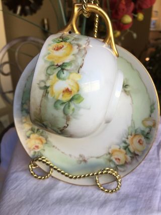 Vintage Tea Cup & Saucer Hand Painted Light Green Trim With Yellow Roses