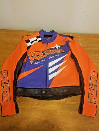 Vintage Polaris Factory Racing Leather Snowmobile Jacket Size Large Blue Orange