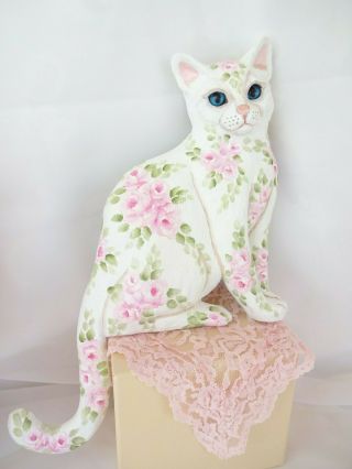 Bydas Corner Cat On A Shelf Pink Rose Plaque Hp Hand Painted Chic Vintage Shabby